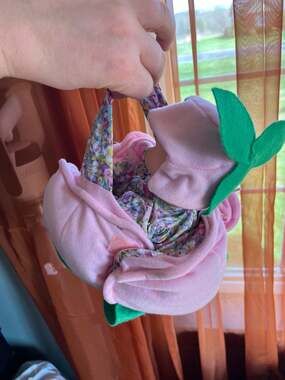 Vintage 1999 Kinder Garden Babies Doll with Pink Flower Carrier and Floral Dress